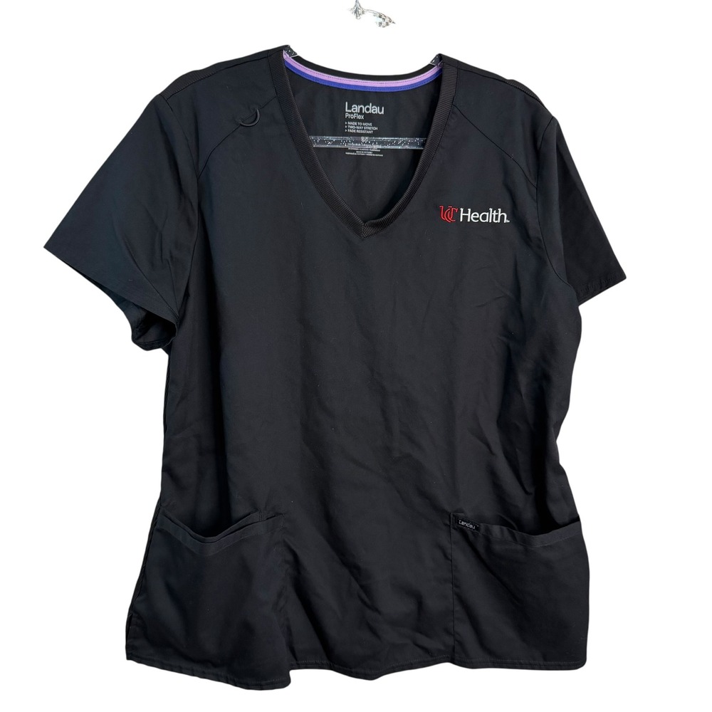 Landau ProFlex Mens XLG Black V-Neck Scrub Top UC Health Logo Two-Way Stretch